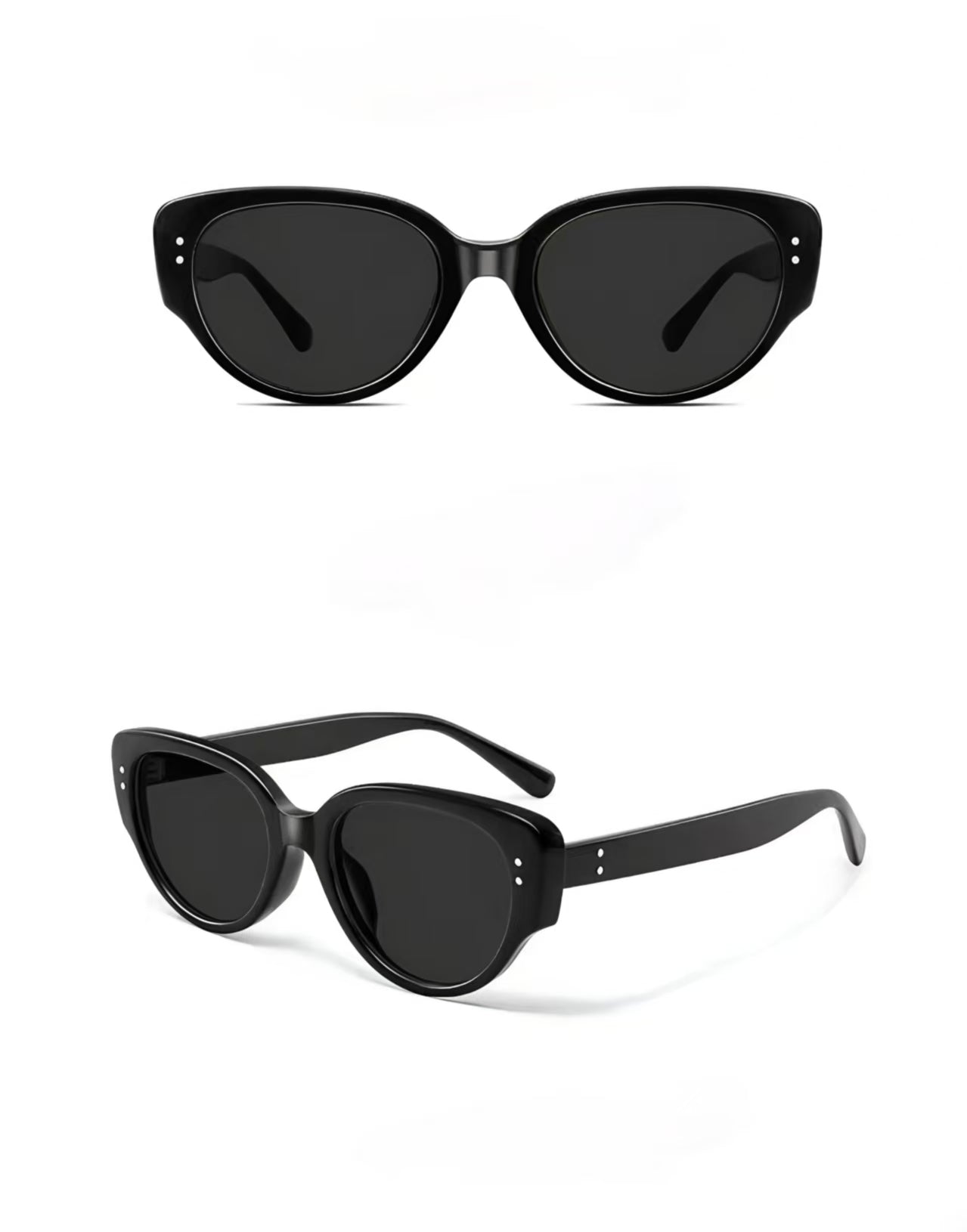 Unisex Matte Black full-rim narrow cat-eye sunglasses, front and three-quarter views