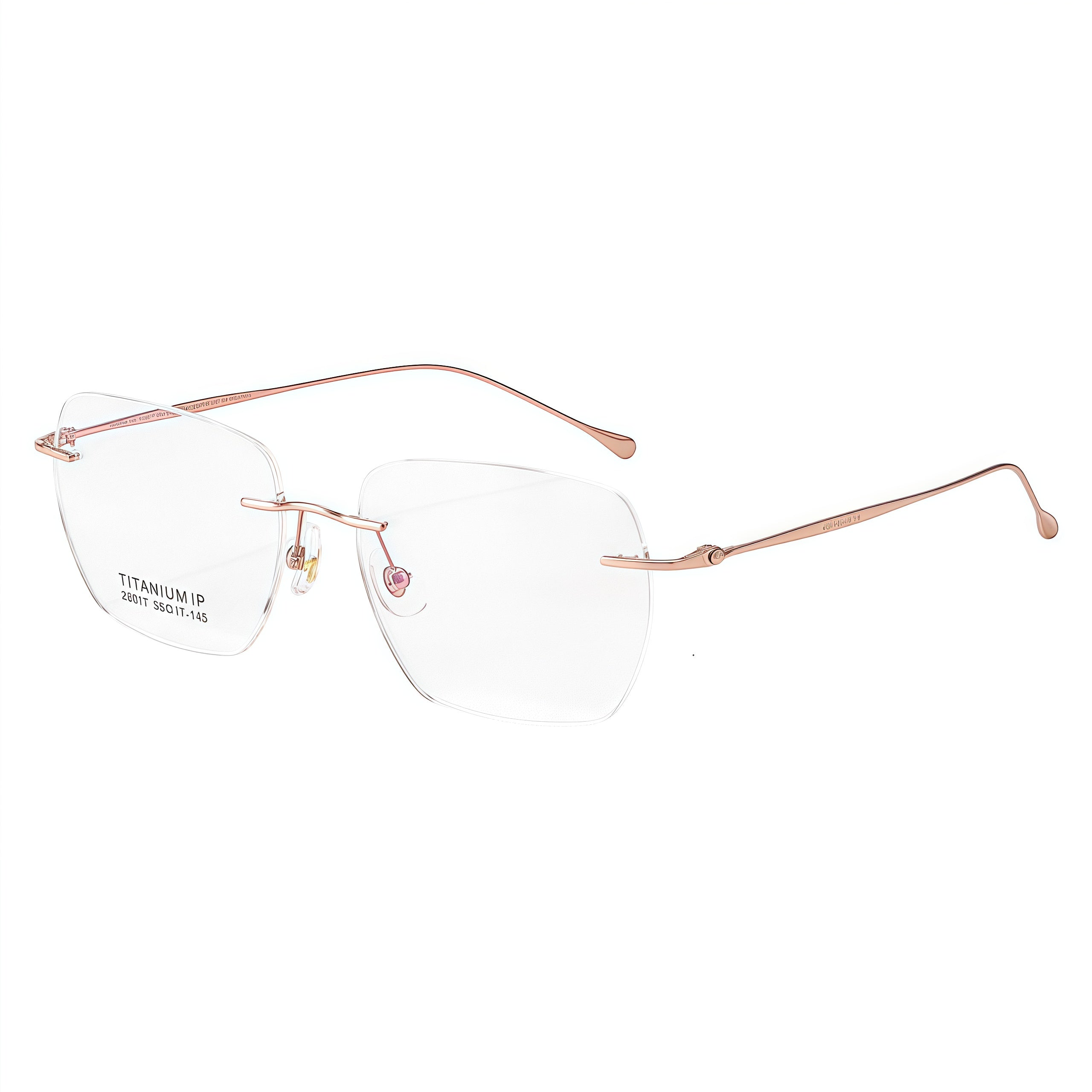 Rose Gold unisex titanium rimless soft-square eyeglass frames, product view