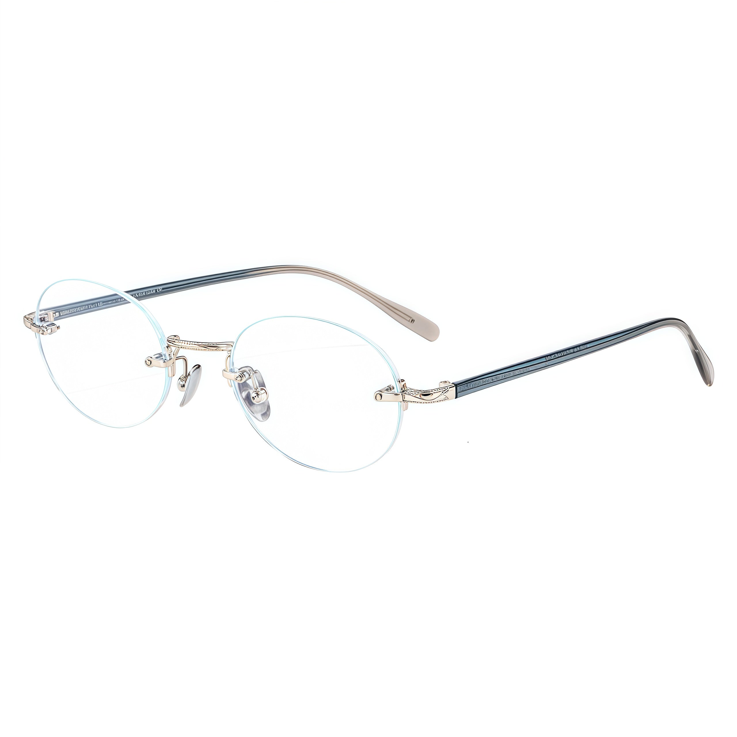 Silver/Blue rimless oval titanium and acetate eyeglass frames, supplier front and angle reference