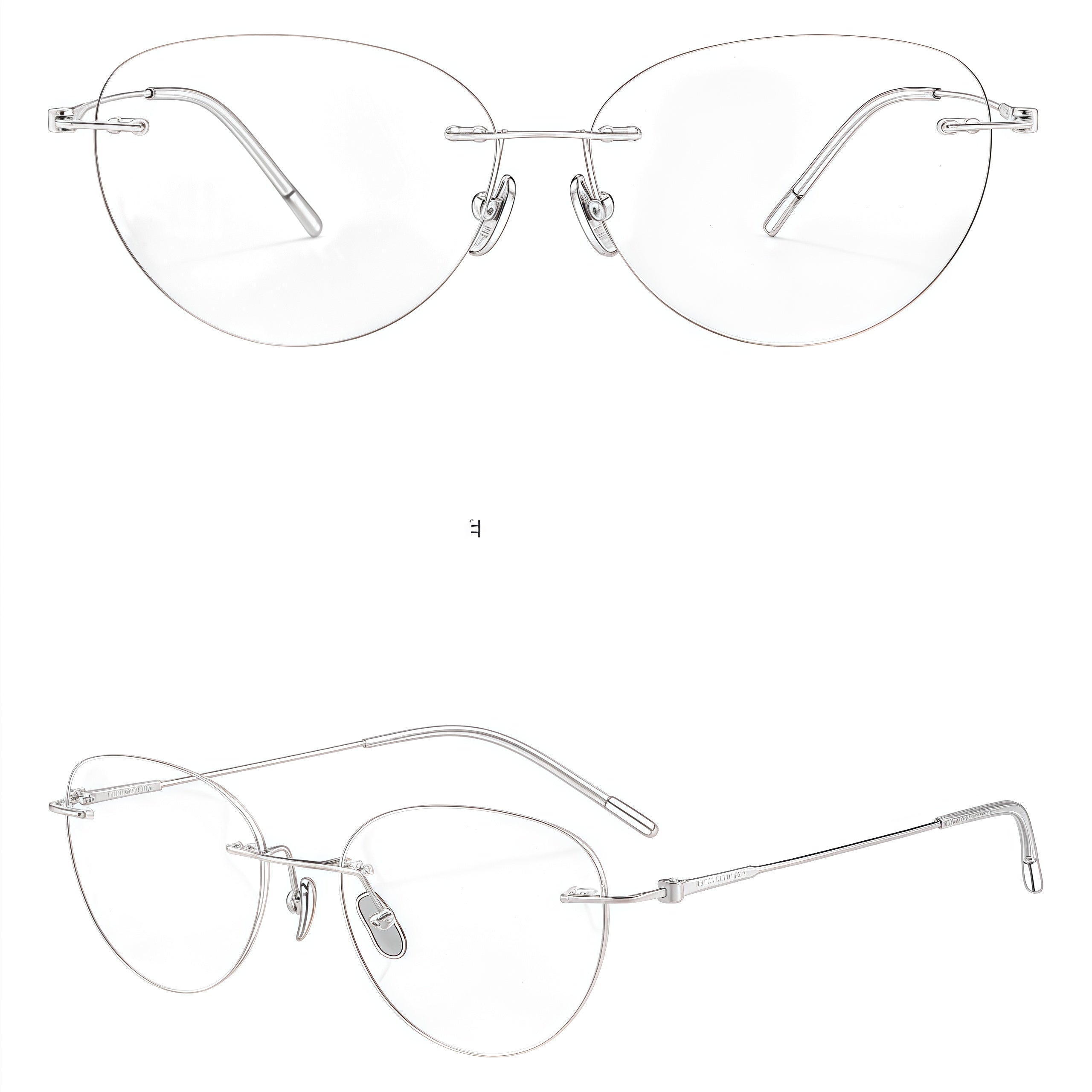 Silver unisex pure titanium rimless oval eyeglass frames, product view