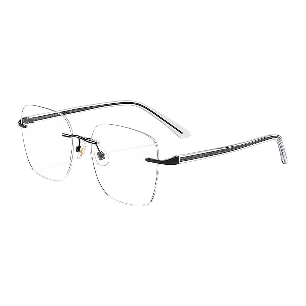 Black women's alloy geometric cat-eye rimless eyeglass frames, product views
