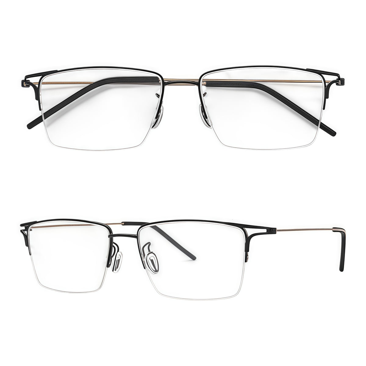 Black/Gold unisex titanium semi-rimless glasses, original combined front and 45-degree product views
