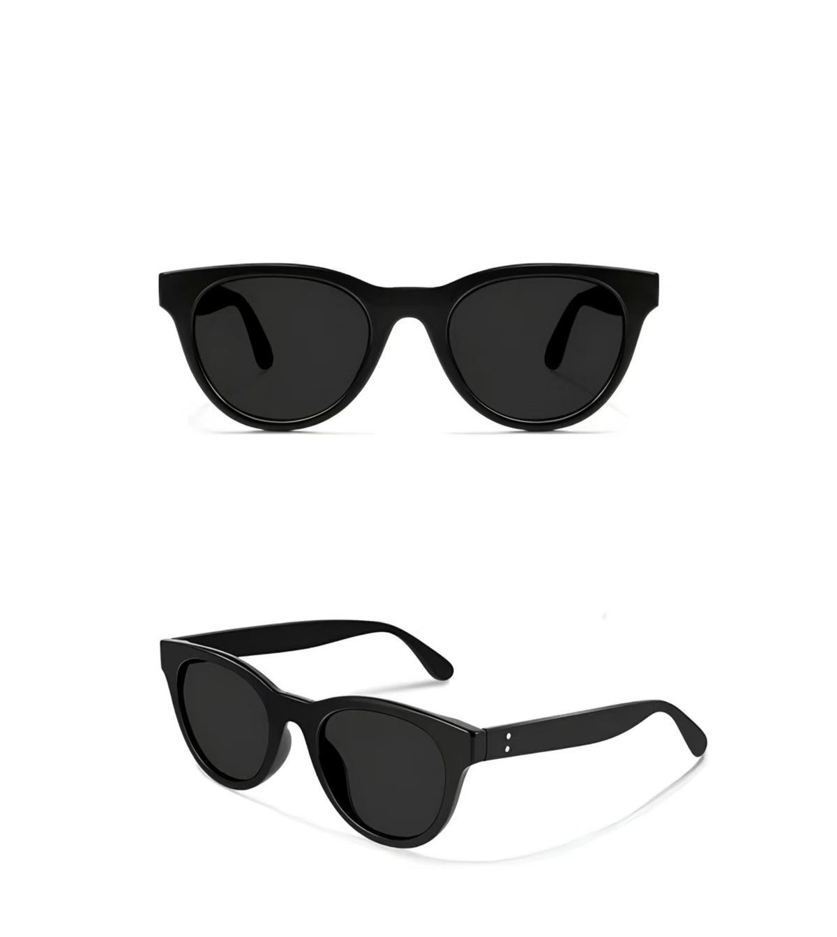 Women’s Black full-rim oversized cat-eye sunglasses, front and three-quarter views