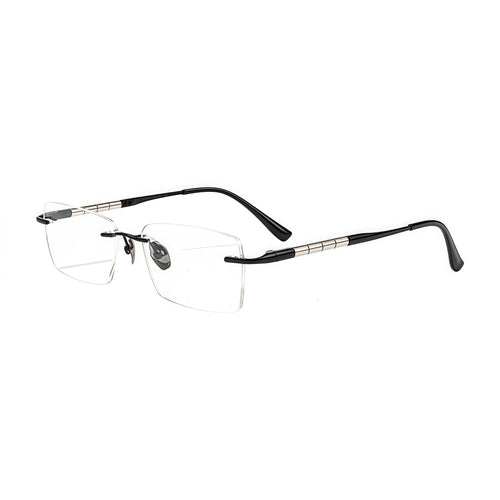 Black men's semi-titanium rimless segmented-temple glasses, 45-degree product view