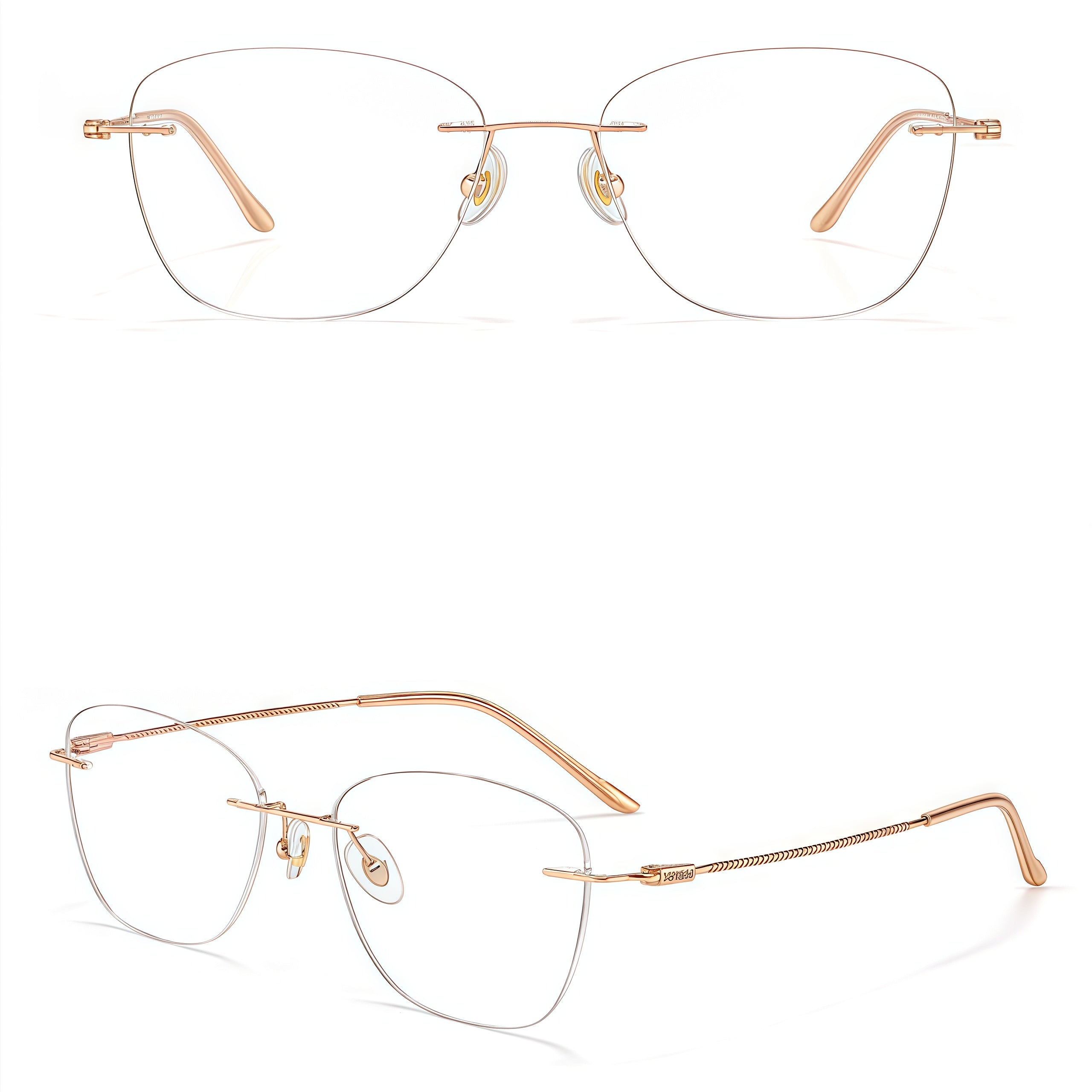 Rose Gold women's pure titanium rimless oval eyeglass frames, product view