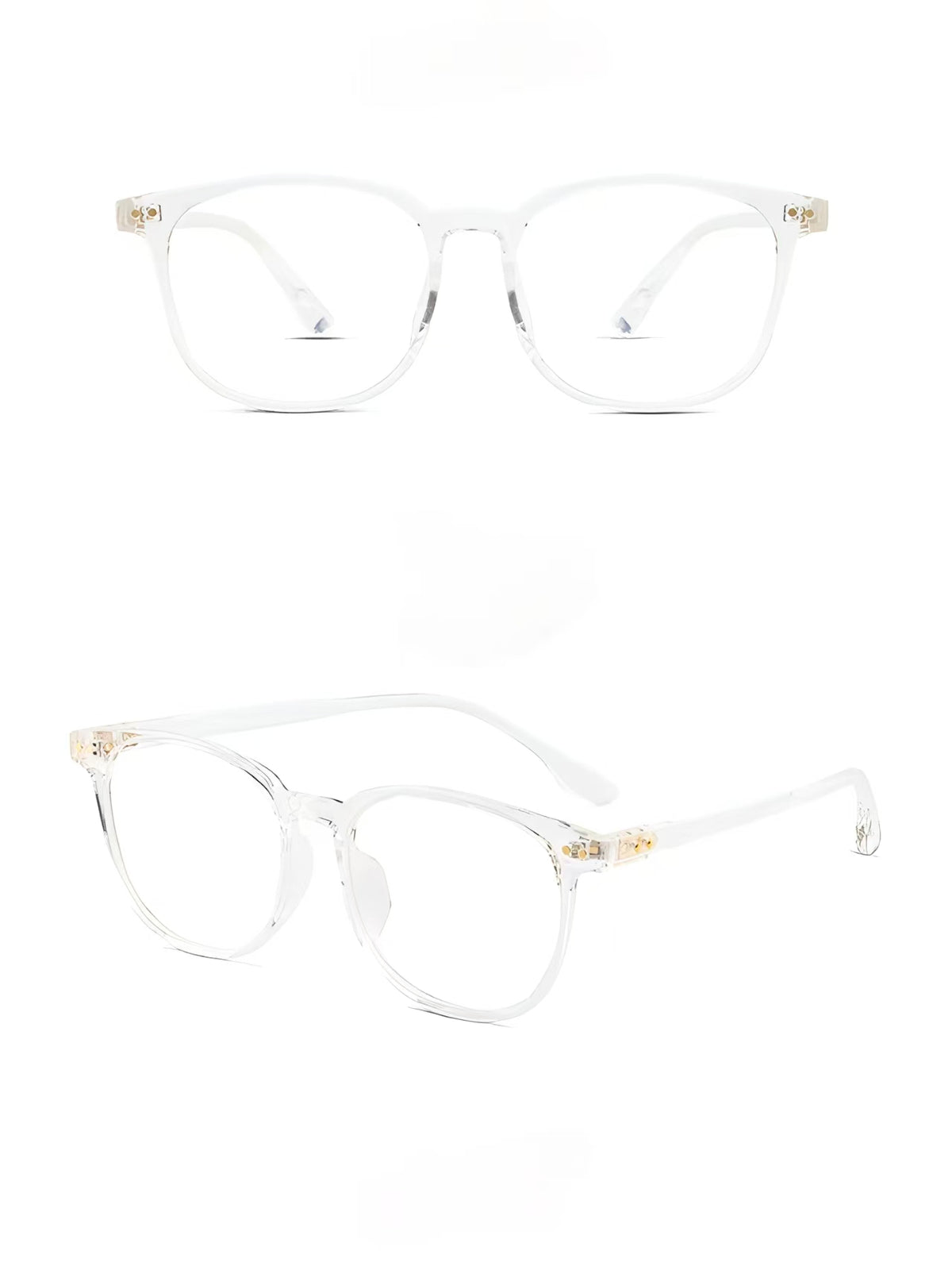 Crystal Clear unisex ultra-light TR90 softened-square glasses, original front-and-45-degree composite detail