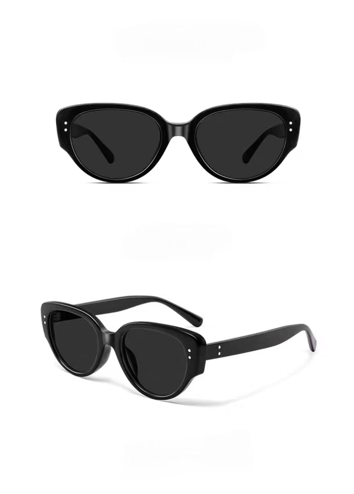 Women’s Black full-rim cat-eye sunglasses, front and three-quarter views