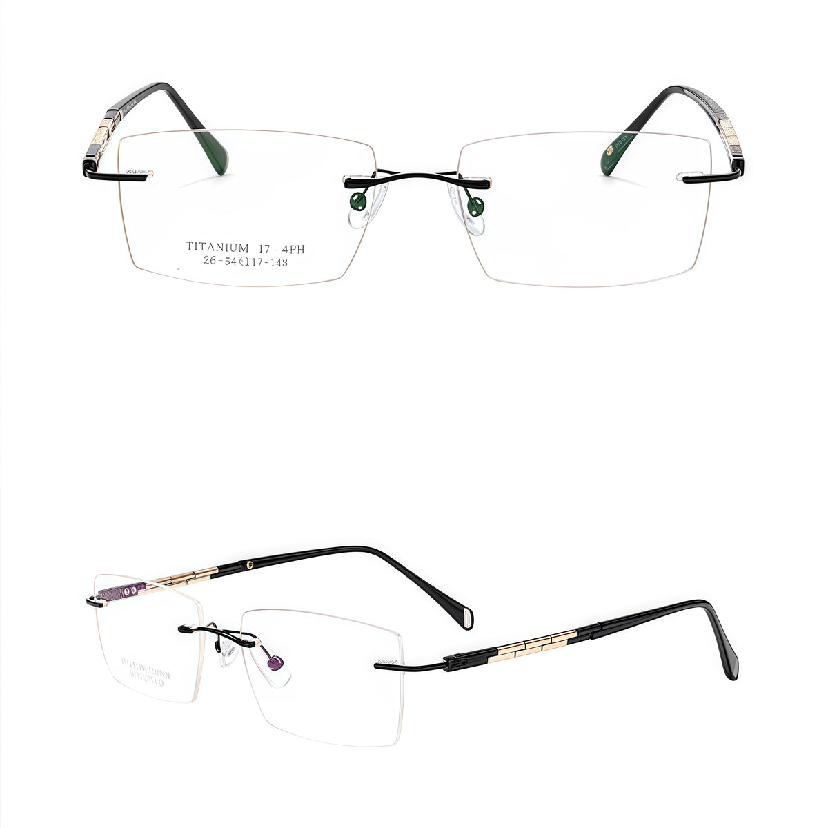 Black and Gold unisex alloy rimless rectangular segmented-temple glasses, front and 45-degree composite