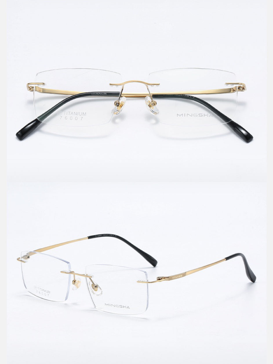 Gold men's semi-titanium rectangular rimless eyeglass frames, product views