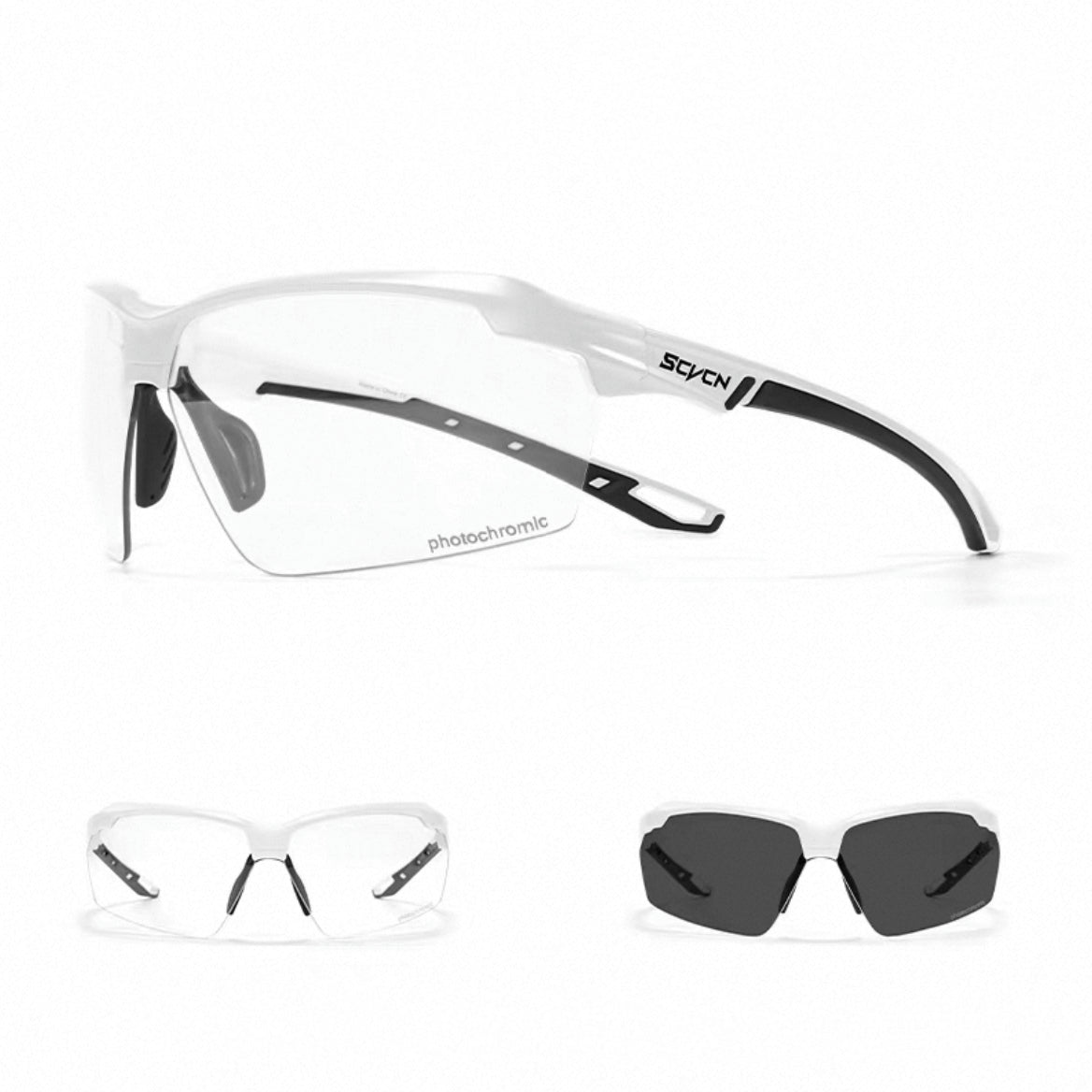 White Frame/Photochromic Black Lens front and 45-degree product views of Day & Night Outdoor Sports Sunglasses