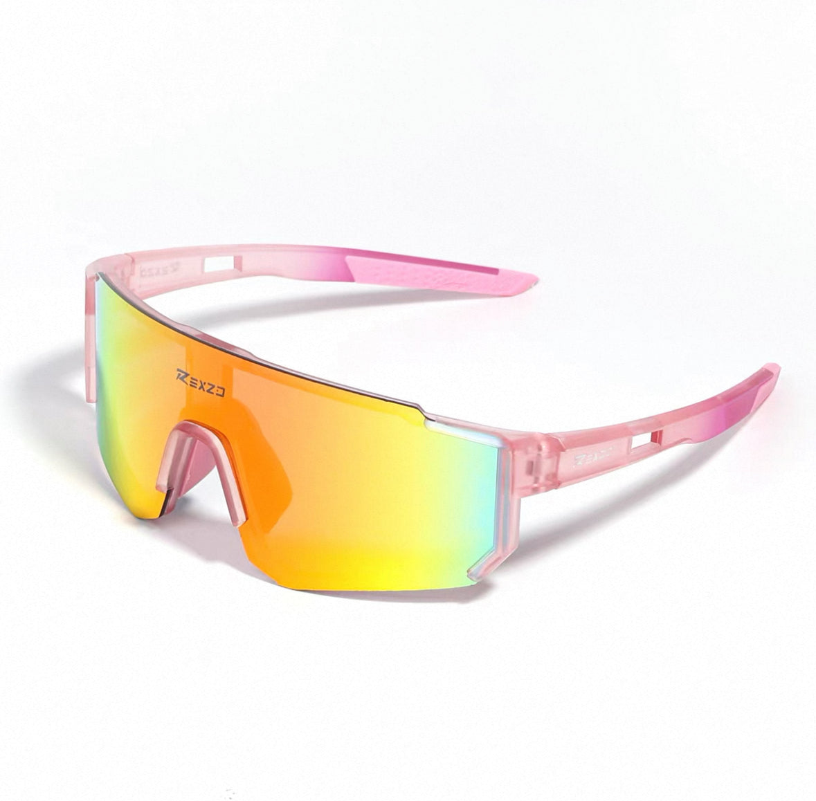 Matte Pink Frame/Red Mirror Lens front and 45-degree product views of Wraparound Windproof Dustproof Sports Sunglasses