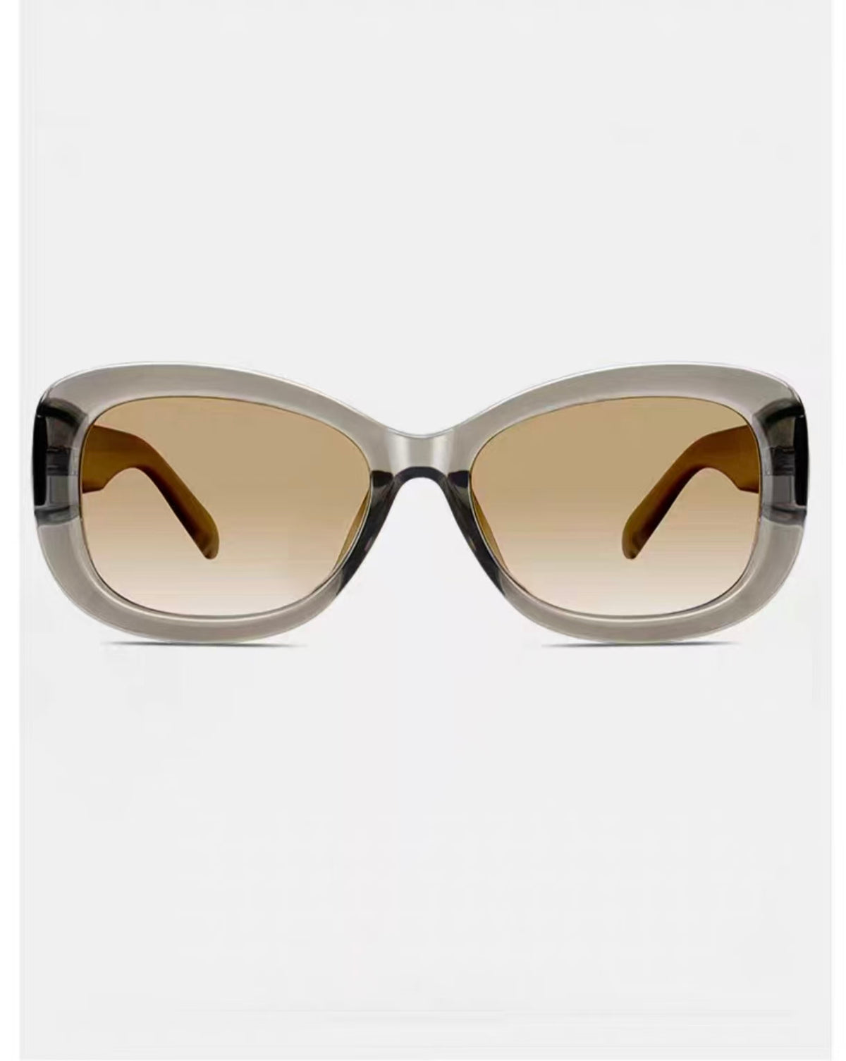 Champagne Gray full-rim oversized cat-eye tr90 sunglasses, front and three-quarter views