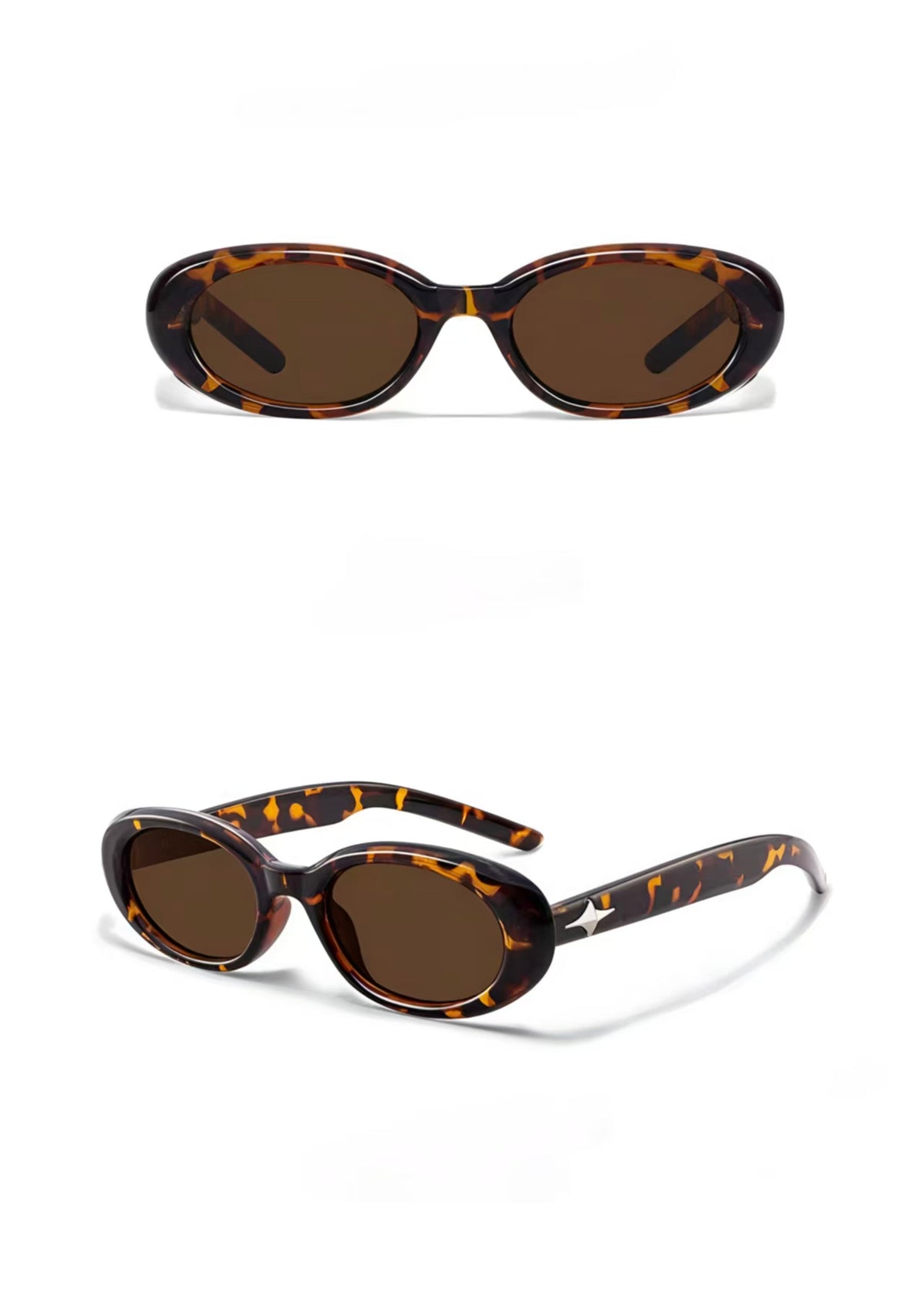 Tortoise Shell full-rim oval polycarbonate sunglasses, front and three-quarter views