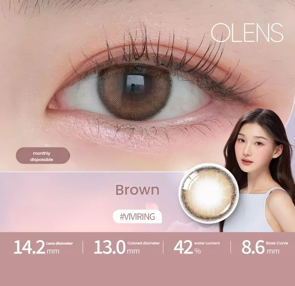 OLENS ViVi Ring Brown toric contact lens shown on an eye