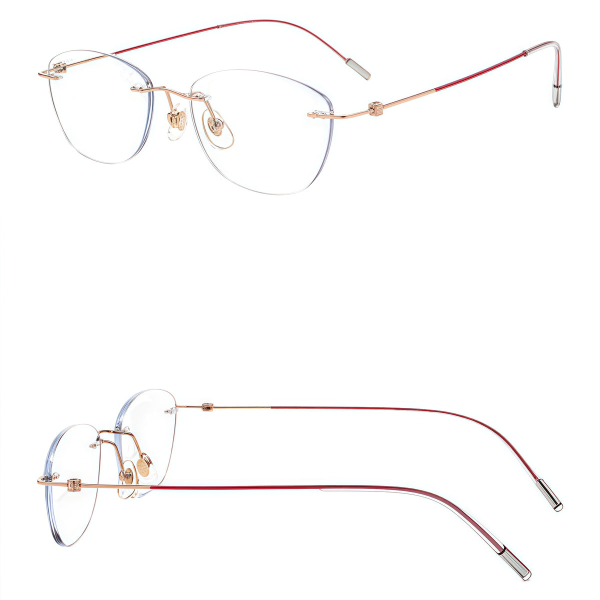 Rose Gold/Pink titanium rimless glasses, 45-degree and side composite detail