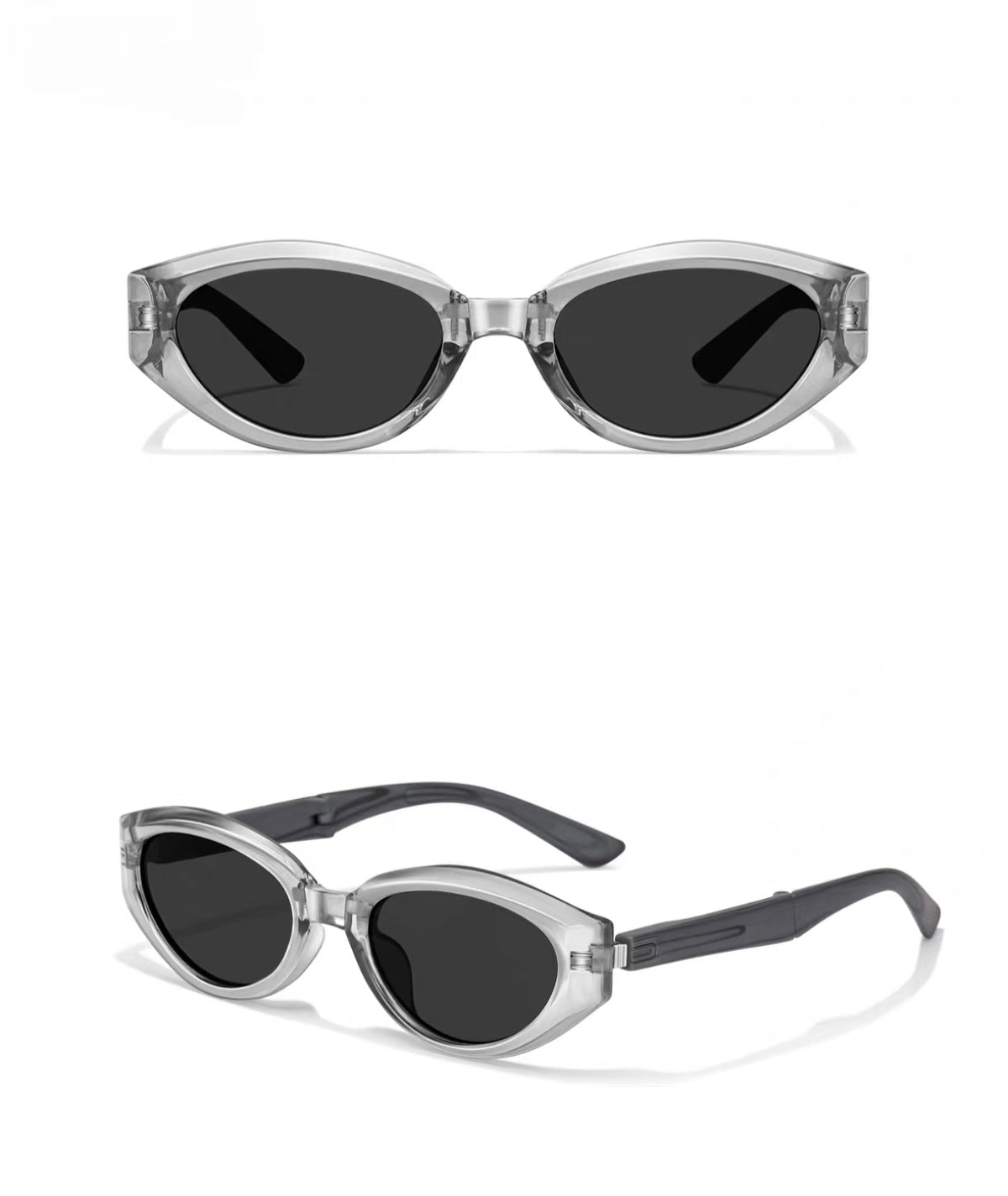 Silver women's polycarbonate small cat-eye sunglasses, product views