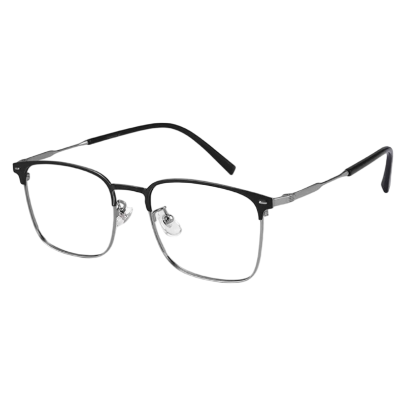 Black and Gunmetal sophisticated square browline profile semi-rimless eyeglass frame, three-quarter product view