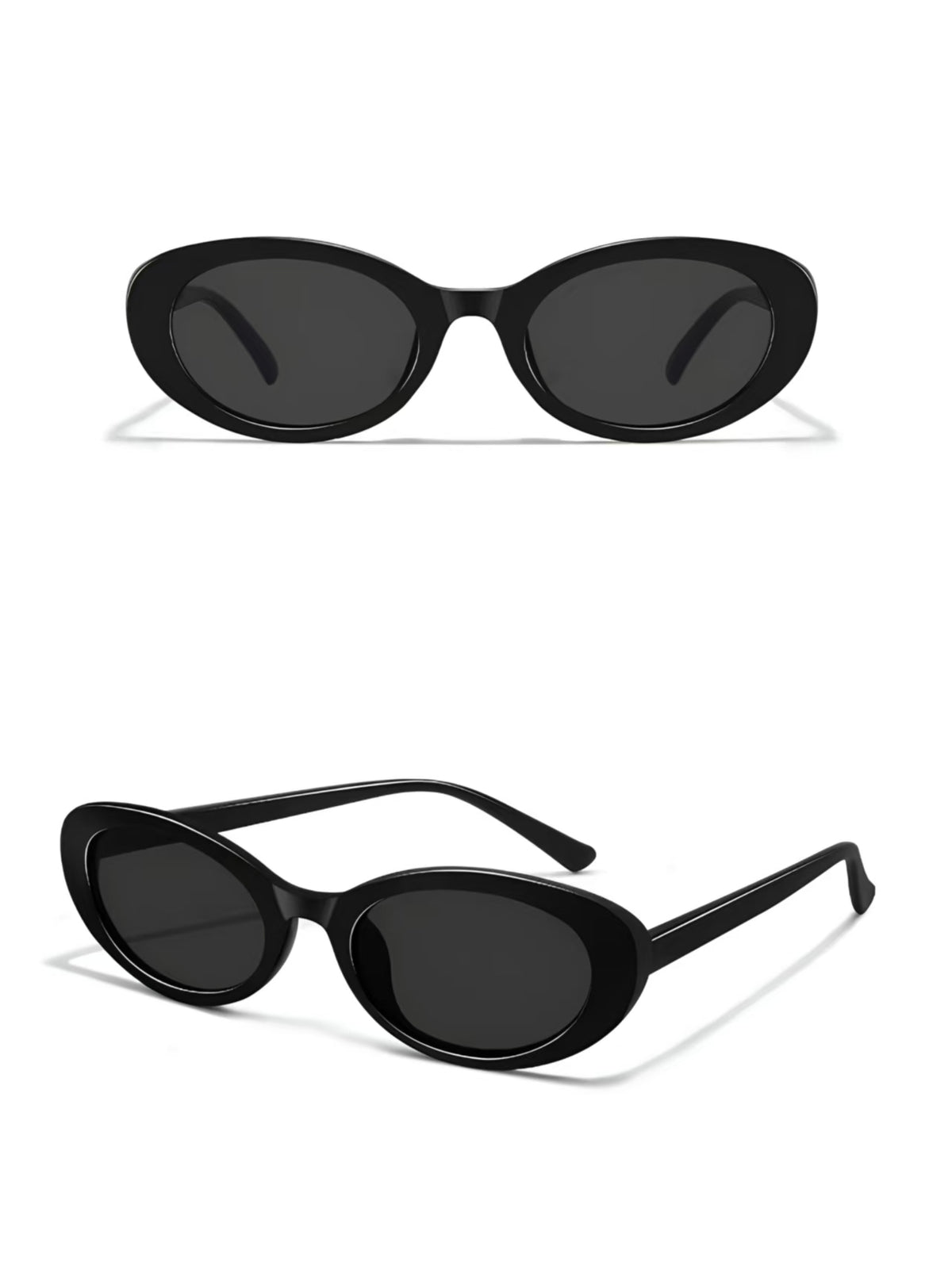 Black full-rim oval cat-eye polycarbonate sunglasses, front and three-quarter views