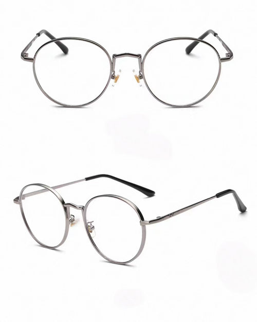 Dark Gray men's alloy near-round full-rim glasses, original front-and-45-degree composite detail