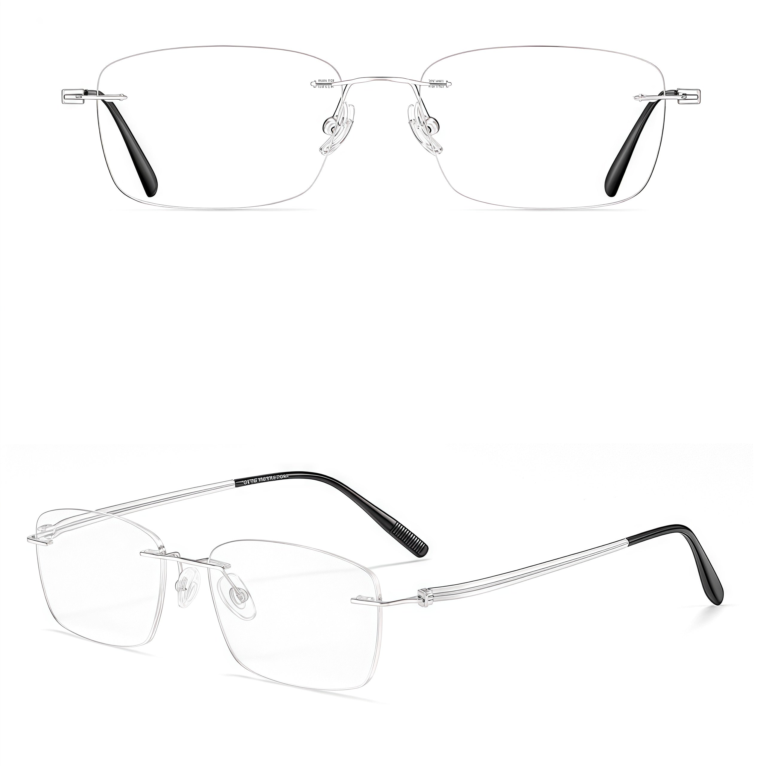 Silver men's pure titanium rimless slim rectangular eyeglass frames, product view