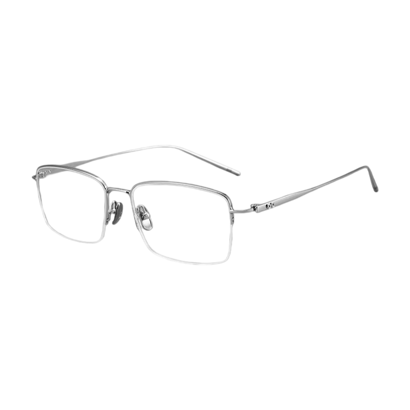Silver refined vintage rectangular profile semi-rimless eyeglass frame, three-quarter product view