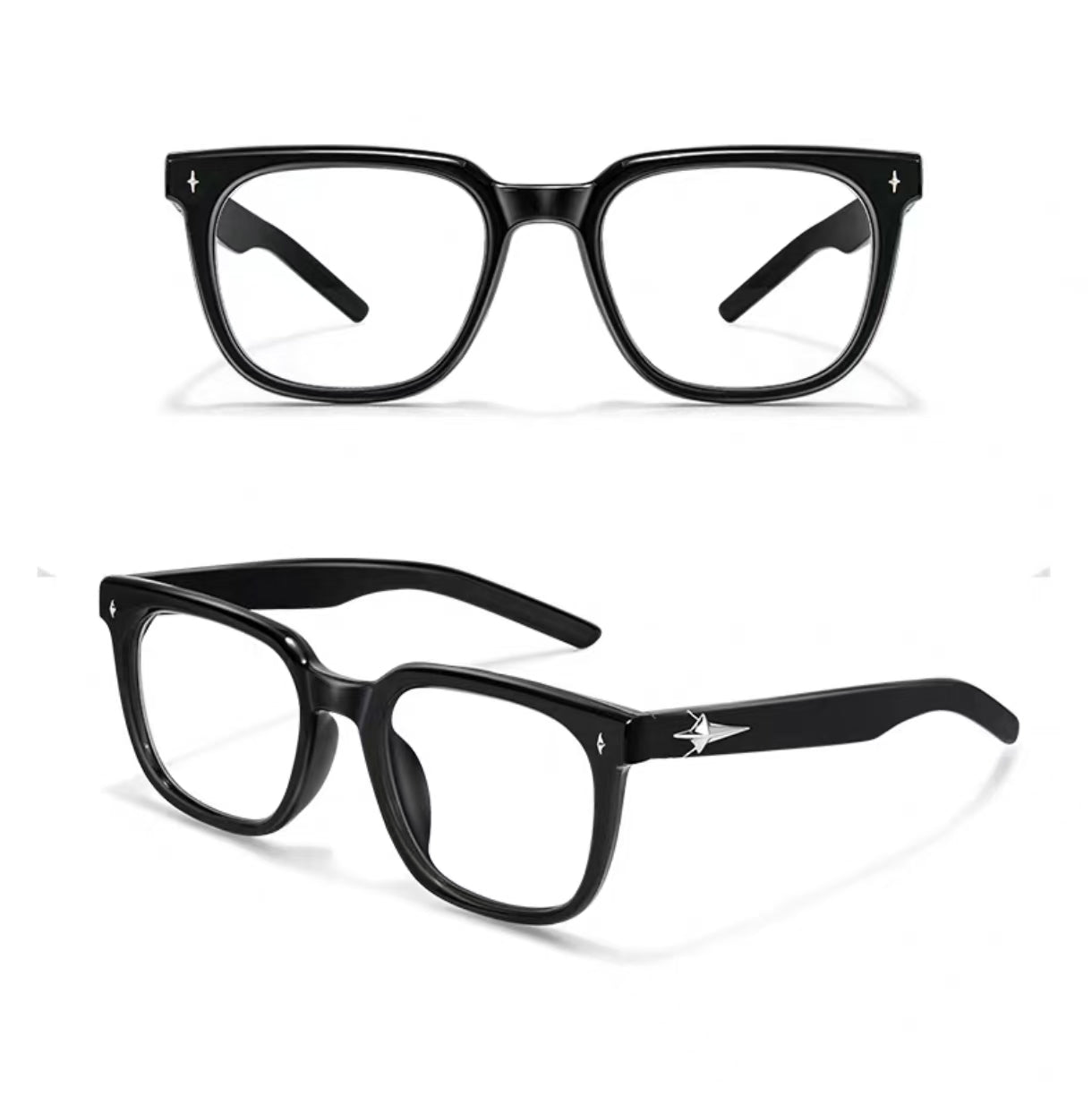 Glossy Black oversized square full-rim eyeglass frame, front and three-quarter product views