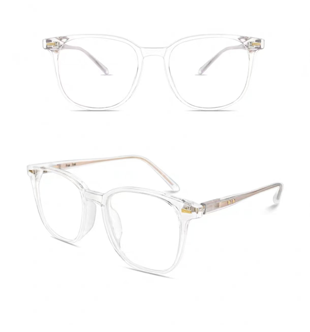 Crystal Clear oversized square full-rim eyeglass frame, front and three-quarter product views