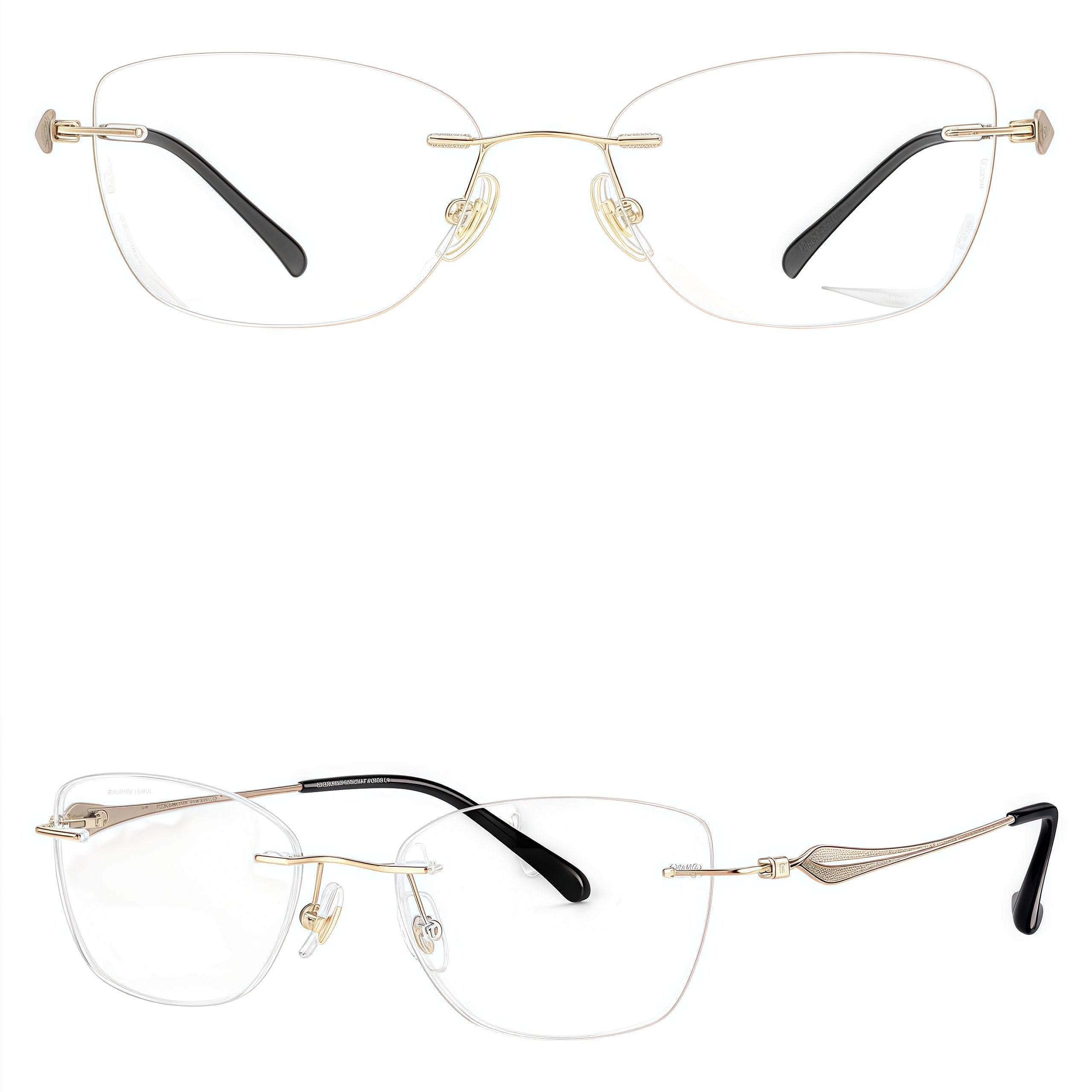 Brown/Gold rimless soft butterfly pure titanium eyeglass frames, supplier front and angle reference