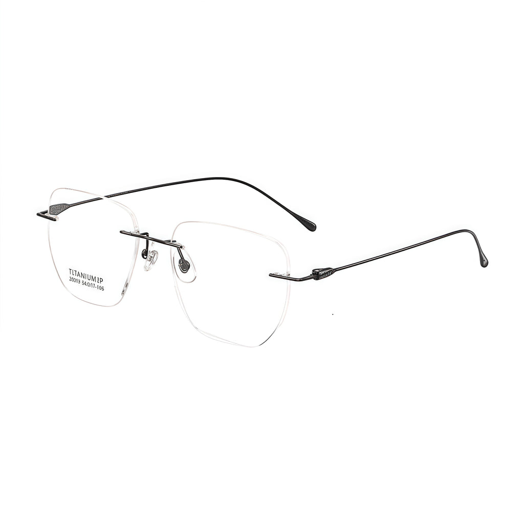 Black unisex pure titanium geometric rimless eyeglass frames, product views