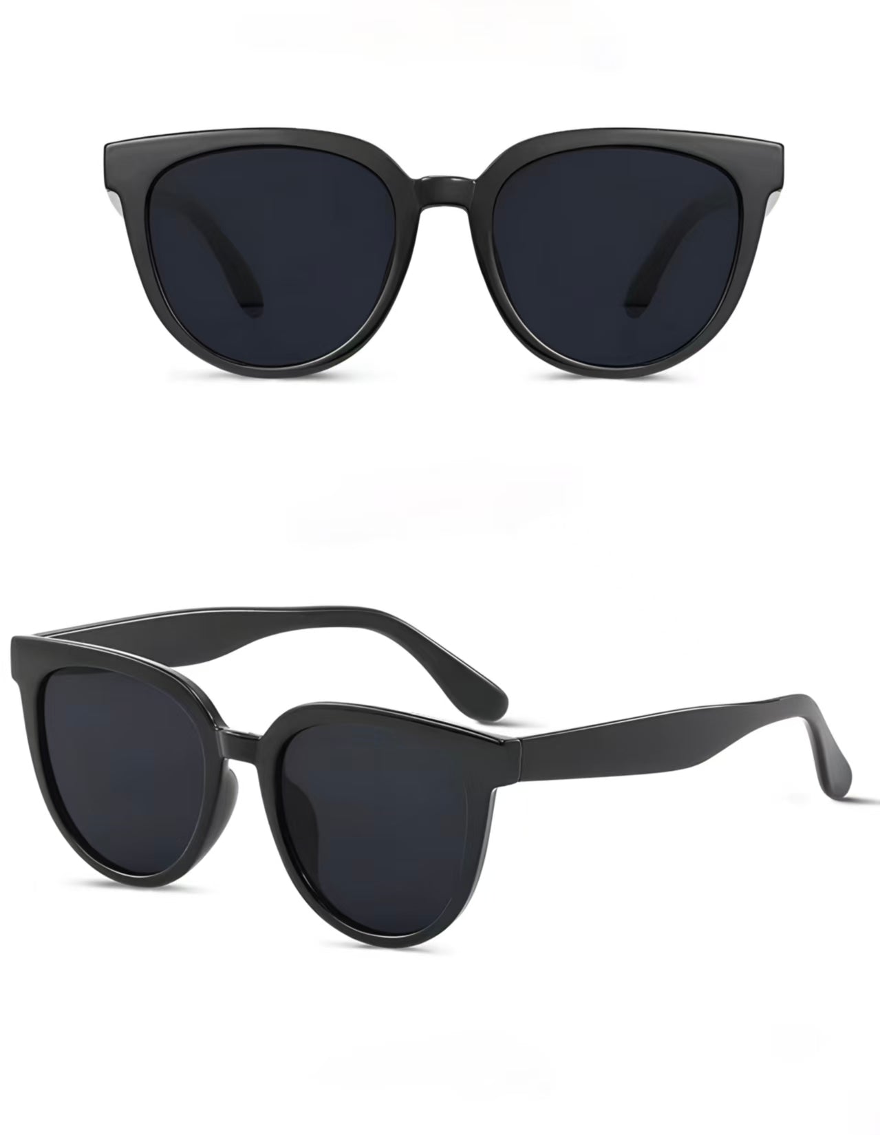 Women’s Black full-rim oversized cat-eye sunglasses, front and three-quarter views