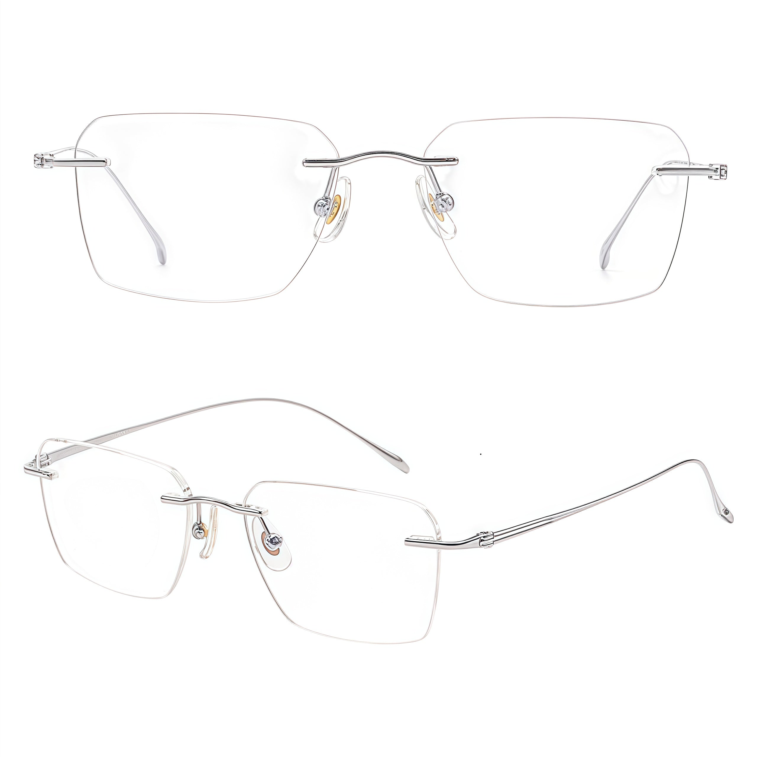 Silver unisex semi-titanium rimless wave-bridge glasses, front and 45-degree composite