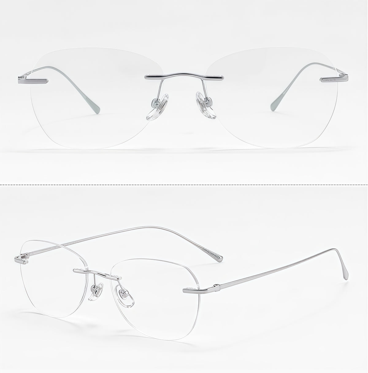 Silver unisex pure titanium rimless rectangular glasses in front and 45-degree product views