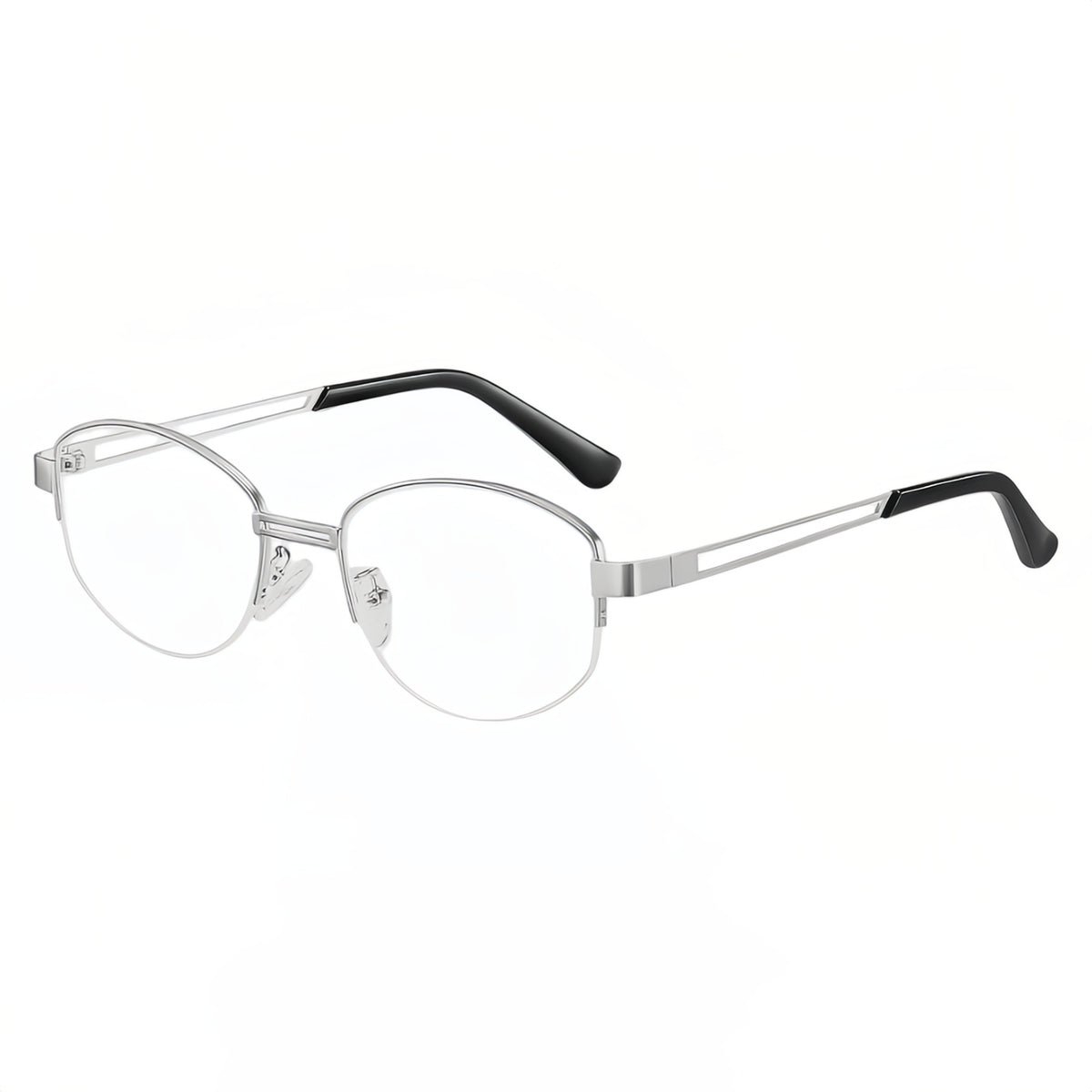 Silver oval semi-rimless eyeglass frame, 45-degree product view
