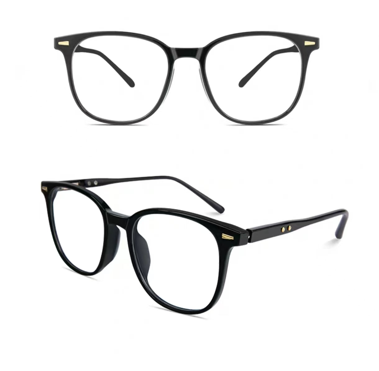 Black oversized square full-rim eyeglass frame, front and three-quarter product views