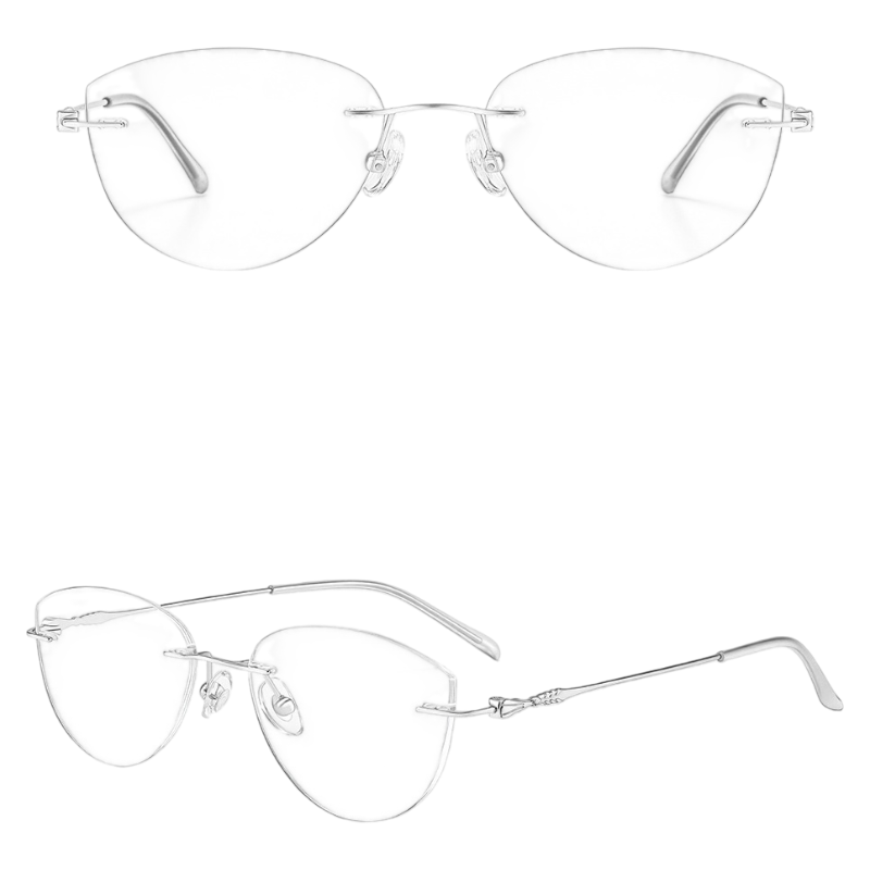 Silver pure-titanium rimless glasses, original front and 45-degree product detail