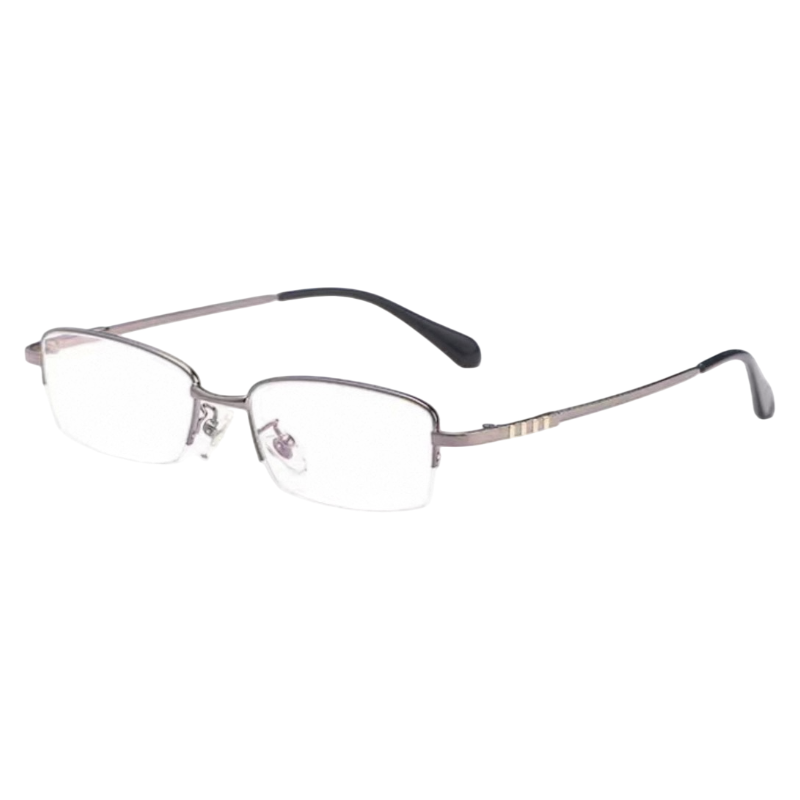 Gunmetal narrow minimalist rectangular profile semi-rimless eyeglass frame, three-quarter product view