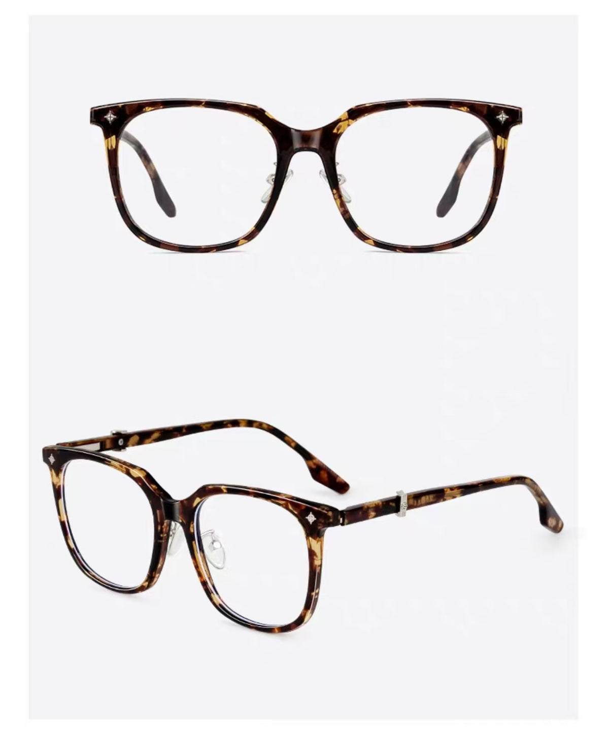Tortoise Shell unisex oversized TR90 square glasses, supplier front and 45-degree composite detail