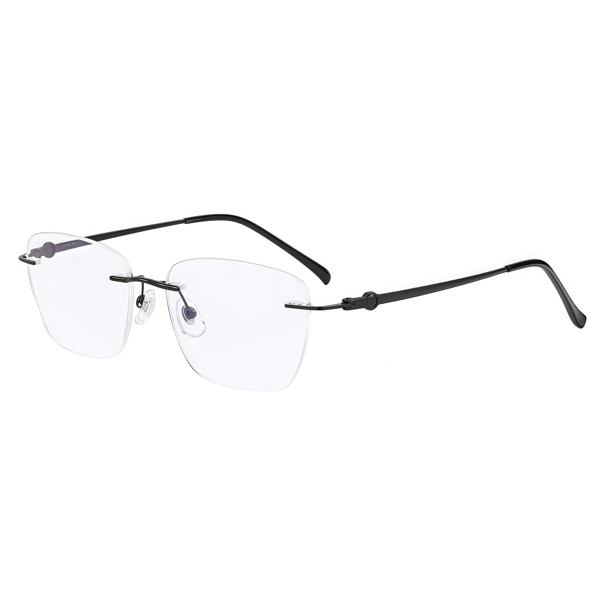 Black unisex titanium rimless geometric soft-square eyeglass frames, product view