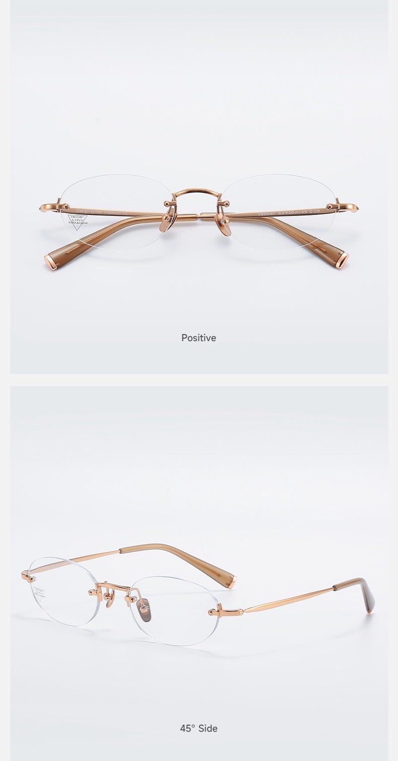 Rose Gold/Green Gradient women's titanium-acetate rimless rounded oval glasses, supplier front and three-quarter views