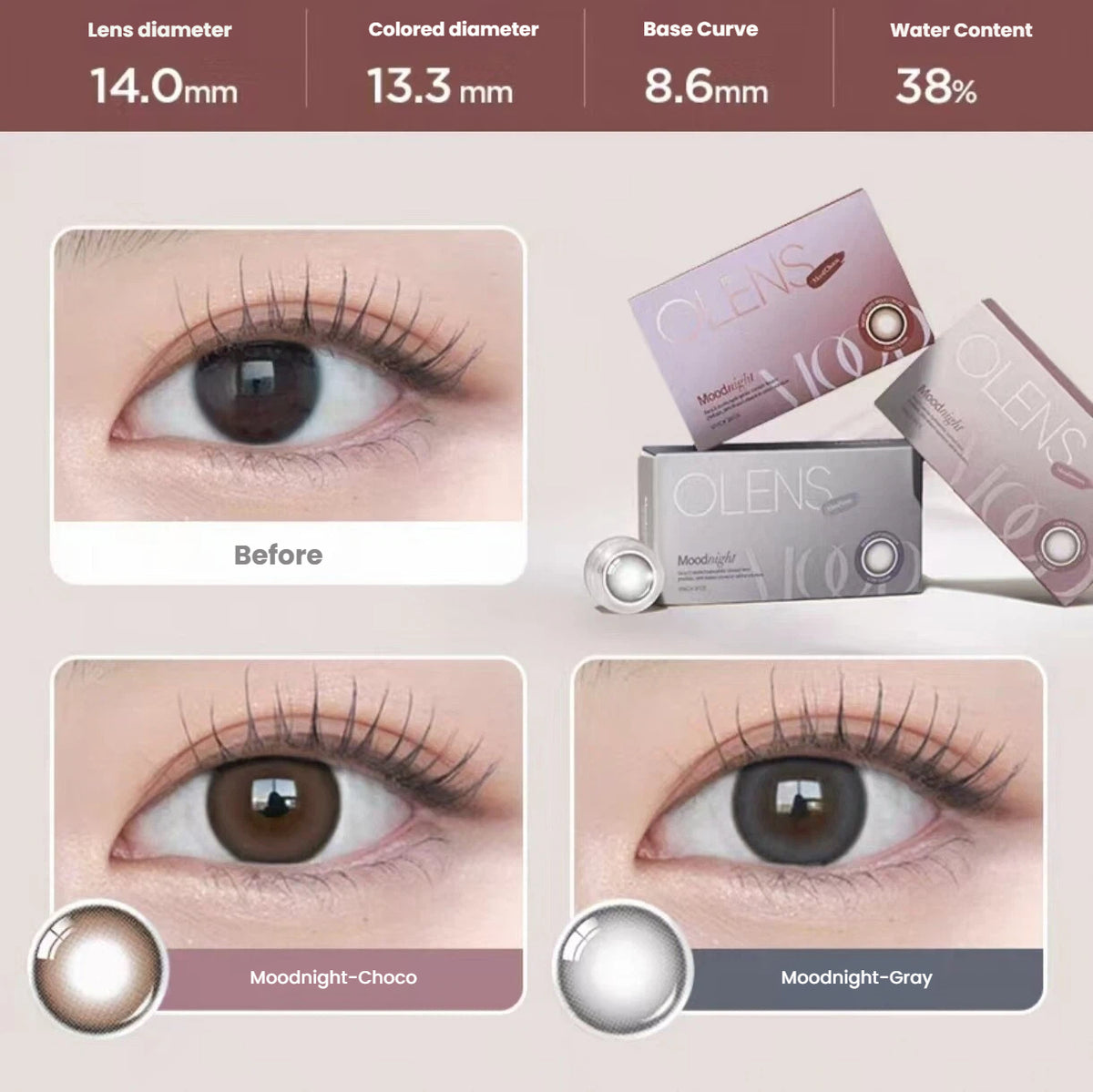 OLENS MoodNight toric contact lens colour comparison chart