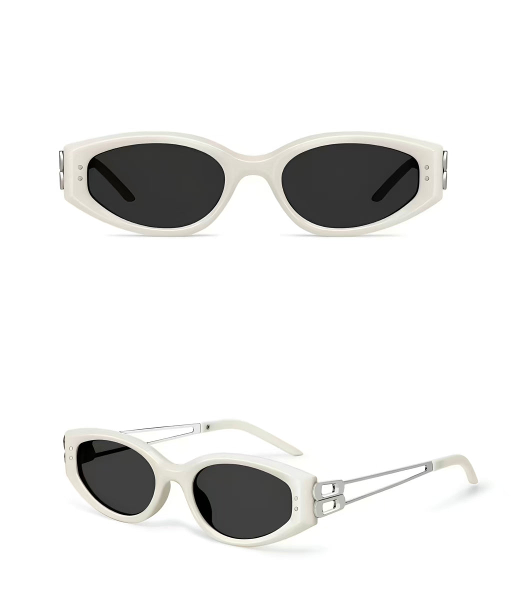 Men’s White full-rim narrow cat-eye sunglasses, front and three-quarter views