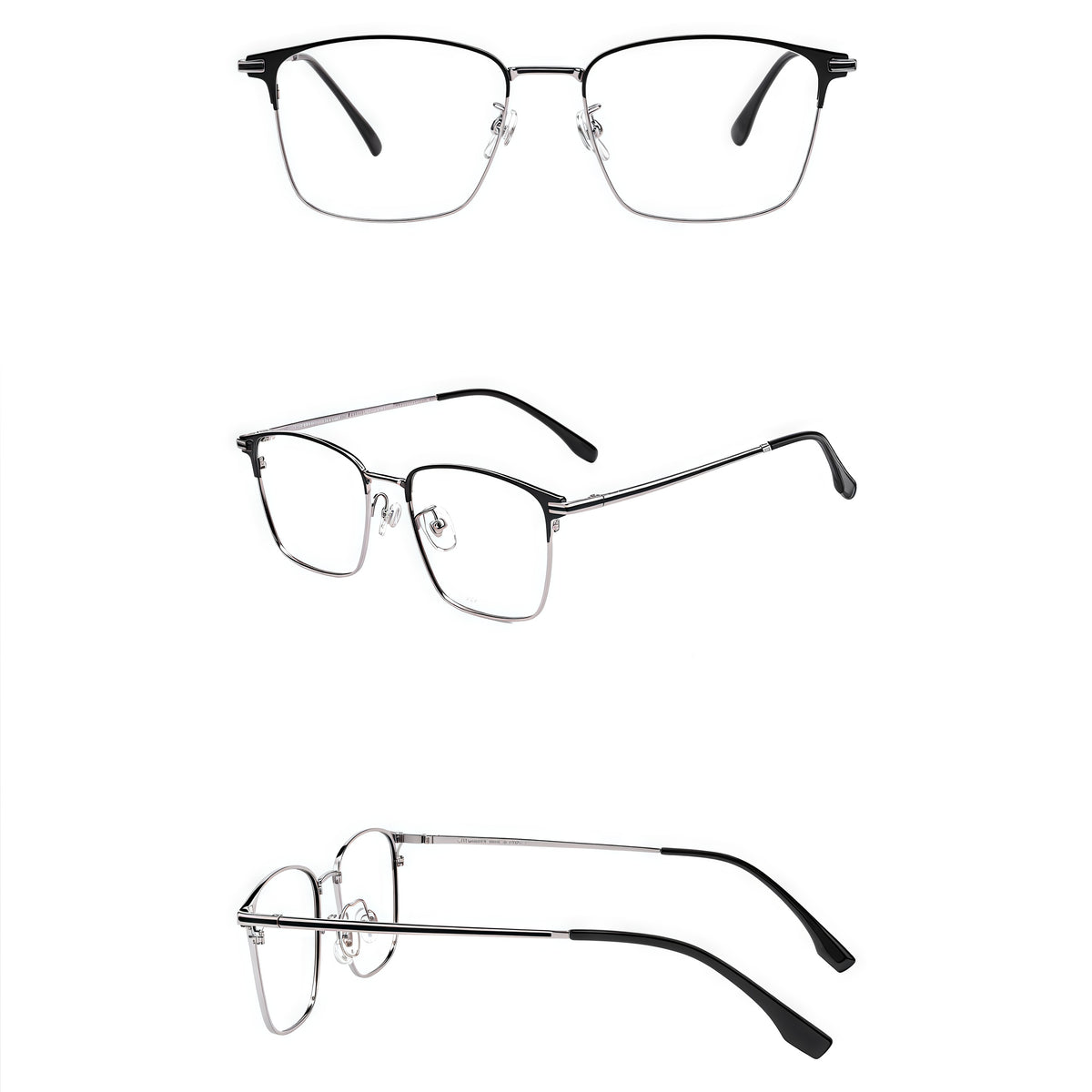 Black/Silver semi-titanium semi-rimless glasses, front, 45-degree and side composite detail