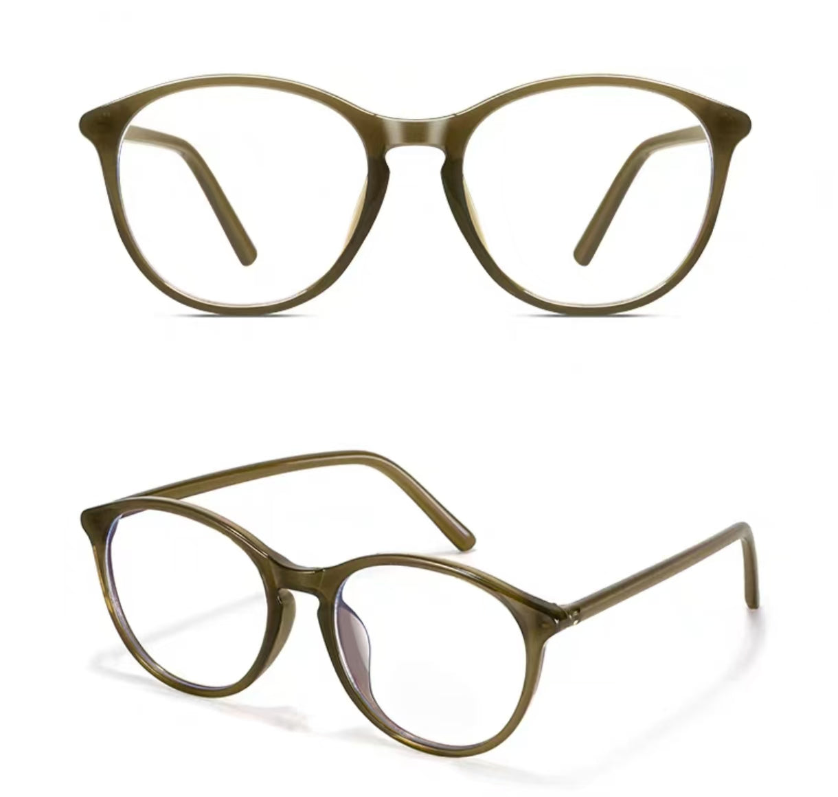 Olive Green round-square full-rim eyeglass frame, front and three-quarter product views