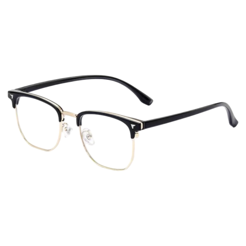 Black and Gold contemporary round-square browline profile semi-rimless eyeglass frame, three-quarter product view