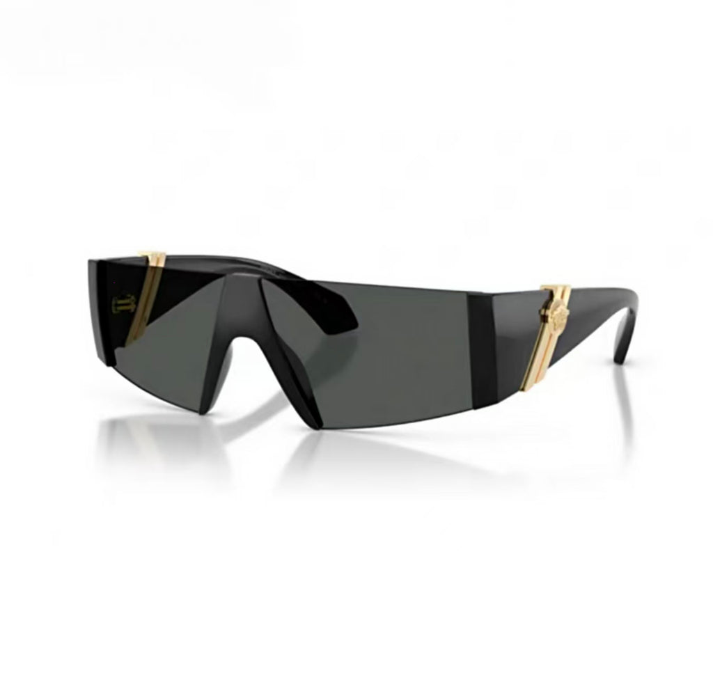 Black 45-degree product view of Versace 0VE4516 Rimless Shield Trendy Casual Sunglasses