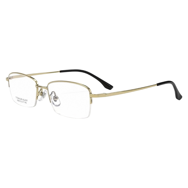 Gold classic business rectangular profile semi-rimless eyeglass frame, three-quarter product view