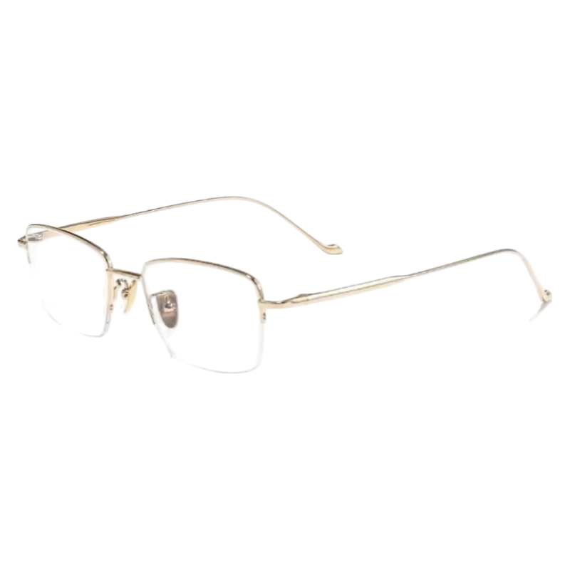 Gold slim professional rectangular profile semi-rimless eyeglass frame, three-quarter product view
