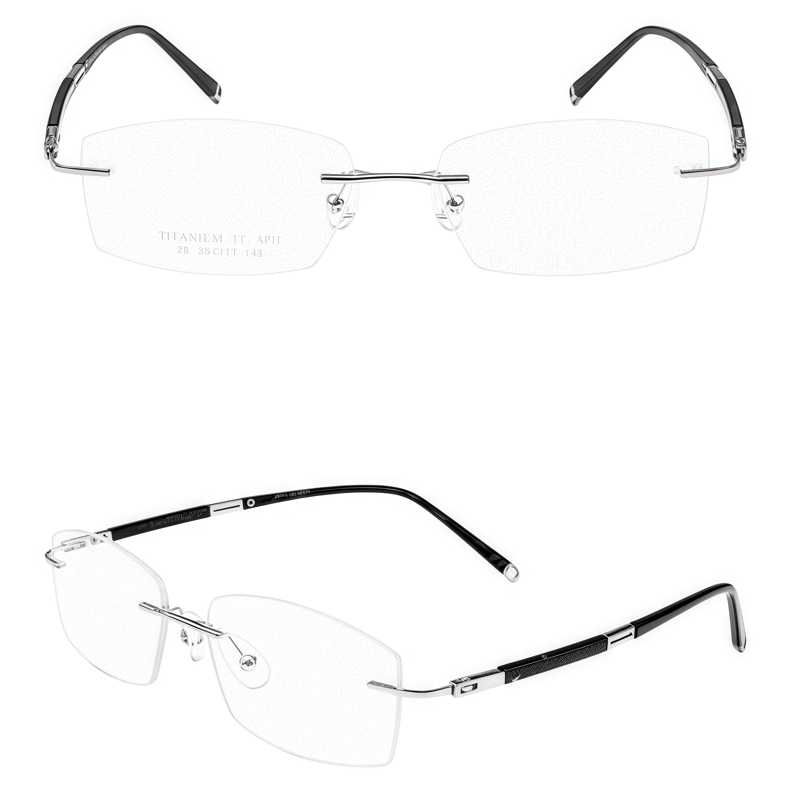 Silver men's titanium rimless rectangular glasses, supplier front and three-quarter views