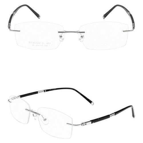 Silver men's titanium rimless rectangular glasses, supplier front and three-quarter views