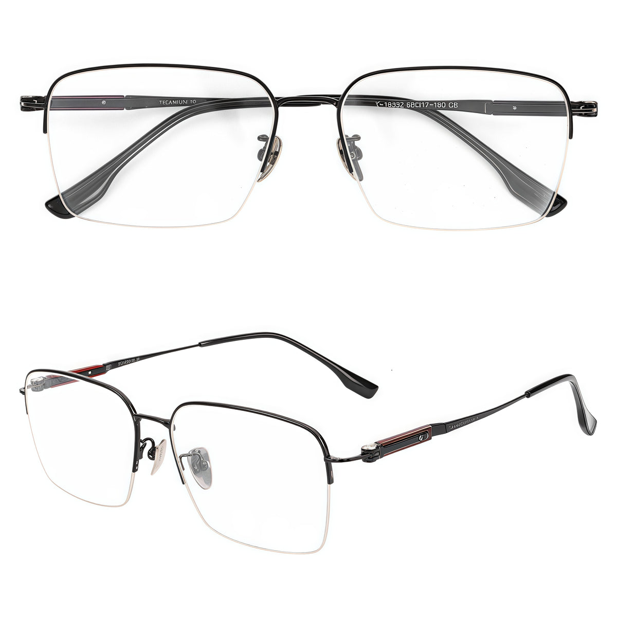 Black pure titanium semi-rimless glasses, front and 45-degree composite detail